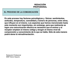 Redacción Profesional
MMP Diana Vaquero
REDACCIÓN
PROFESIONAL
EL PROCESO DE LA COMUNICACIÓN
En este proceso hay factores psicológicos y físicos: sentimientos,
actitudes, temperatura, comodidad y número de personas, entre otros,
que influyen en el mismo. Los aspectos que hemos mencionado hasta
este momento son importantes, sin embargo, para que realmente se
logre una comunicación efectiva es necesario que el emisor y el
receptor empleen el mismo código y tengan el mismo nivel de
comprensión y conocimiento de lo que se habla. Sólo de esta manera
podrá darse la retroalimentación.
 