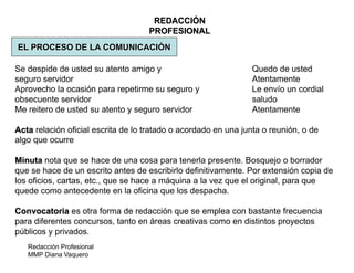 Redacción Profesional
MMP Diana Vaquero
REDACCIÓN
PROFESIONAL
EL PROCESO DE LA COMUNICACIÓN
Se despide de usted su atento amigo y Quedo de usted
seguro servidor Atentamente
Aprovecho la ocasión para repetirme su seguro y Le envío un cordial
obsecuente servidor saludo
Me reitero de usted su atento y seguro servidor Atentamente
Acta relación oficial escrita de lo tratado o acordado en una junta o reunión, o de
algo que ocurre
Minuta nota que se hace de una cosa para tenerla presente. Bosquejo o borrador
que se hace de un escrito antes de escribirlo definitivamente. Por extensión copia de
los oficios, cartas, etc., que se hace a máquina a la vez que el original, para que
quede como antecedente en la oficina que los despacha.
Convocatoria es otra forma de redacción que se emplea con bastante frecuencia
para diferentes concursos, tanto en áreas creativas como en distintos proyectos
públicos y privados.
 