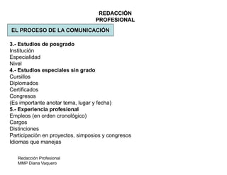 Redacción Profesional
MMP Diana Vaquero
REDACCIÓN
PROFESIONAL
EL PROCESO DE LA COMUNICACIÓN
3.- Estudios de posgrado
Institución
Especialidad
Nivel
4.- Estudios especiales sin grado
Cursillos
Diplomados
Certificados
Congresos
(Es importante anotar tema, lugar y fecha)
5.- Experiencia profesional
Empleos (en orden cronológico)
Cargos
Distinciones
Participación en proyectos, simposios y congresos
Idiomas que manejas
 