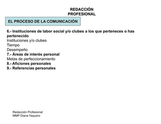 Redacción Profesional
MMP Diana Vaquero
REDACCIÓN
PROFESIONAL
EL PROCESO DE LA COMUNICACIÓN
6.- Instituciones de labor social y/o clubes a los que perteneces o has
pertenecido
Instituciones y/o clubes
Tiempo
Desempeño
7.- Áreas de interés personal
Metas de perfeccionamiento
8.- Aficiones personales
9.- Referencias personales
 