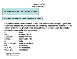 Redacción Profesional
MMP Diana Vaquero
REDACCIÓN
PROFESIONAL
EL PROCESO DE LA COMUNICACIÓN
ALGUNAS ABREVIATURAS IMPORTANTES
Las abreviaturas siempre llevan punto. Las hay de diversos tipos: generales
o usuales, especiales, comerciales, de cortesía y tratamiento, aritméticas, de
signos aritméticos, gramaticales, geográficas, convencionales de carácter
nacional o internacional o acrónimos.
a. área
A.C. Año de Cristo
a.C/ a.J.C. antes de Cristo
admón. administración
c/ calle
c/c. o cta. cte. cuenta corriente
cts. Centavos
cf. o cfr. Confróntese
Cía. o cía. compañía
 
