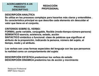 Redacción Profesional
MMP Diana Vaquero
REDACCIÓN
PROFESIONAL
ACERCAMIENTO A UN
PROCESO
DESCRIPTIVO
DESCRIPCIÓN ANALÍTICA
Se utiliza en los procesos complejos para hacerlos más claros y entendibles .
Su característica principal es que describe cada elemento sin descuidar el
valor que tiene en el conjunto.
CRITERIOS SOBRE EL VERBO:
FORMAL parte variable, conjugable, flexible (modo-tiempo-número-persona)
SEMÁNTICO esencia, existencia, estado, acción
SINTÁCTICO sintáctico o funcional: clase de palabras que significan el
atributo de la proposición, indicando la persona, número del sujeto, el
tiempo, modo y el atributo.
Los verbos son unas formas especiales del lenguaje con las que pensamos
la realidad como un comportamiento del sujeto
DESCRIPCIÓN ESTÁTICA predominan los verbos de estado
DESCRIPCIÓN DINÁMICA predomina los de acción y movimiento
 