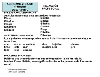 Redacción Profesional
MMP Diana Vaquero
REDACCIÓN
PROFESIONAL
ACERCAMIENTO A UN
PROCESO
DESCRIPTIVO
FALSAS CONCORDANCIAS
Artículos masculinos ante sustantivos femeninos:
El ave
El ánfora
El aura
El hambre
El águila
SUSTANTIVO AMBIGUOS
Los siguientes nombres pueden usarse indistintamente como masculinos o
femeninos:
arte azúcar aneurisma dote hojaldre aleluya
linde lente mar mimbre prez pro
tilde tizne eczema
PALABRAS BIFORMES
Palabras que tienen dos formas que se originan en la misma raíz. Su
terminación es distinta, pero significan lo mismo. La primera es la forma más
usual.
El alma
El haza
El habla
El alma
El aya
El habla
El hampa
 