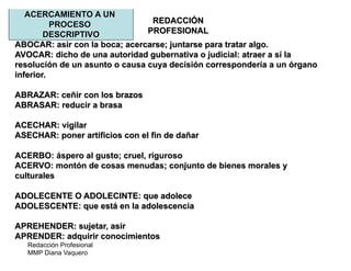 Redacción Profesional
MMP Diana Vaquero
REDACCIÓN
PROFESIONAL
ACERCAMIENTO A UN
PROCESO
DESCRIPTIVO
ABOCAR: asir con la boca; acercarse; juntarse para tratar algo.
AVOCAR: dicho de una autoridad gubernativa o judicial: atraer a sí la
resolución de un asunto o causa cuya decisión correspondería a un órgano
inferior.
ABRAZAR: ceñir con los brazos
ABRASAR: reducir a brasa
ACECHAR: vigilar
ASECHAR: poner artificios con el fin de dañar
ACERBO: áspero al gusto; cruel, riguroso
ACERVO: montón de cosas menudas; conjunto de bienes morales y
culturales
ADOLECENTE O ADOLECINTE: que adolece
ADOLESCENTE: que está en la adolescencia
APREHENDER: sujetar, asir
APRENDER: adquirir conocimientos
 