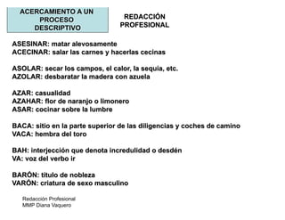 Redacción Profesional
MMP Diana Vaquero
REDACCIÓN
PROFESIONAL
ACERCAMIENTO A UN
PROCESO
DESCRIPTIVO
ASESINAR: matar alevosamente
ACECINAR: salar las carnes y hacerlas cecinas
ASOLAR: secar los campos, el calor, la sequía, etc.
AZOLAR: desbaratar la madera con azuela
AZAR: casualidad
AZAHAR: flor de naranjo o limonero
ASAR: cocinar sobre la lumbre
BACA: sitio en la parte superior de las diligencias y coches de camino
VACA: hembra del toro
BAH: interjección que denota incredulidad o desdén
VA: voz del verbo ir
BARÓN: título de nobleza
VARÓN: criatura de sexo masculino
 