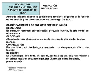 Redacción Profesional
MMP Diana Vaquero
REDACCIÓN
PROFESIONAL
MODELO DEL
ESCARABAJO: ANÁLISIS
Y PUNTO DE VISTA DE UN
TEMA
Antes de iniciar el escrito es conveniente revisar el esquema de la función
de los enlaces y las recomendaciones para elegir un título:
CLASIFICACIÓN DE LOS ENLACES POR SU FUNCIÓN
RESULTADO:
En suma, en resumen, en conclusión, pero, a la inversa, de otro modo, de
otra manera.
OPOSICIÓN:
Al contrario, por el contrario, pero, a la inversa, de otro modo, de otra
manera.
CORRELACIÓN:
Por una lado… por otro lado, por una parte…por otra parte, no sólo… sino
también
SUCESIÓN:
En un principio, ante todo, enseguida, por fin, después, en primer término,
en primer lugar, en segundo lugar, por último, en última instancia,
primeramente.
 