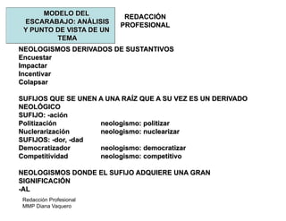 Redacción Profesional
MMP Diana Vaquero
REDACCIÓN
PROFESIONAL
MODELO DEL
ESCARABAJO: ANÁLISIS
Y PUNTO DE VISTA DE UN
TEMA
NEOLOGISMOS DERIVADOS DE SUSTANTIVOS
Encuestar
Impactar
Incentivar
Colapsar
SUFIJOS QUE SE UNEN A UNA RAÍZ QUE A SU VEZ ES UN DERIVADO
NEOLÓGICO
SUFIJO: -ación
Politización neologismo: politizar
Nuclerarización neologismo: nuclearizar
SUFIJOS: -dor, -dad
Democratizador neologismo: democratizar
Competitividad neologismo: competitivo
NEOLOGISMOS DONDE EL SUFIJO ADQUIERE UNA GRAN
SIGNIFICACIÓN
-AL
 