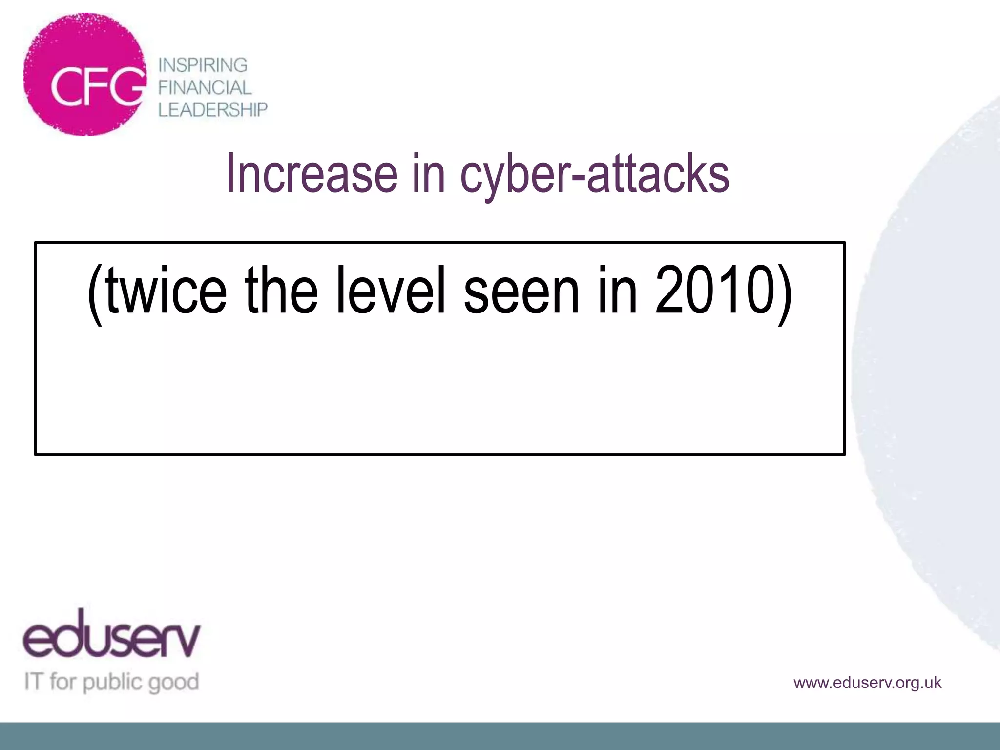 Increase in cyber-attacks

 (twice the level seen in 2010)
On average 54 significant attacks by an unauthorised
outsider were made on each large organisation in the
last year




                                                  www.eduserv.org.uk
 