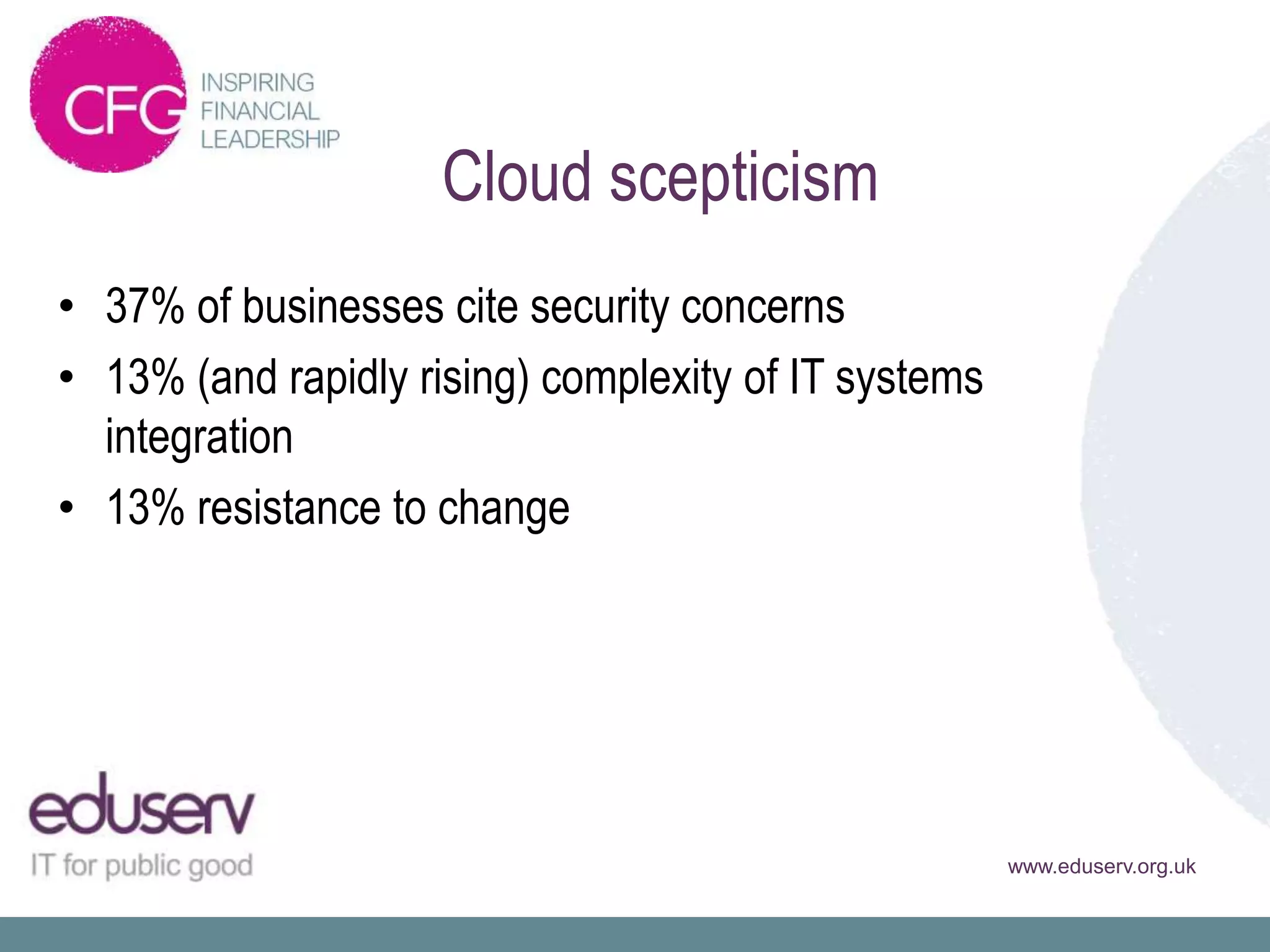 Cloud scepticism
• 37% of businesses cite security concerns
• 13% (and rapidly rising) complexity of IT systems
  integration
• 13% resistance to change




                                                      www.eduserv.org.uk
 