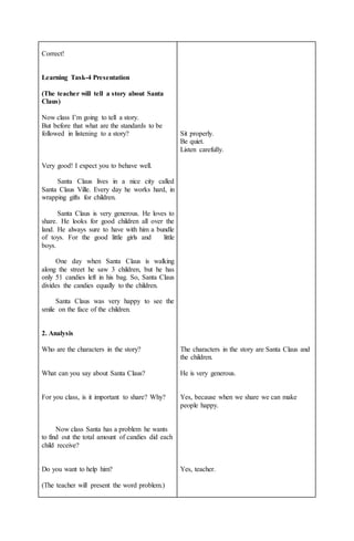 Correct!
Learning Task-4 Presentation
(The teacher will tell a story about Santa
Claus)
Now class I’m going to tell a story.
But before that what are the standards to be
followed in listening to a story?
Very good! I expect you to behave well.
Santa Claus lives in a nice city called
Santa Claus Ville. Every day he works hard, in
wrapping gifts for children.
Santa Claus is very generous. He loves to
share. He looks for good children all over the
land. He always sure to have with him a bundle
of toys. For the good little girls and little
boys.
One day when Santa Claus is walking
along the street he saw 3 children, but he has
only 51 candies left in his bag. So, Santa Claus
divides the candies equally to the children.
Santa Claus was very happy to see the
smile on the face of the children.
2. Analysis
Who are the characters in the story?
What can you say about Santa Claus?
For you class, is it important to share? Why?
Now class Santa has a problem he wants
to find out the total amount of candies did each
child receive?
Do you want to help him?
(The teacher will present the word problem.)
Sit properly.
Be quiet.
Listen carefully.
The characters in the story are Santa Claus and
the children.
He is very generous.
Yes, because when we share we can make
people happy.
Yes, teacher.
 