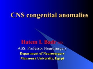 Hatem I. Badr   MD. ASS. Professor Neurosurgery Department of Neurosurgery Mansoura University, Egypt CNS congenital anomalies 