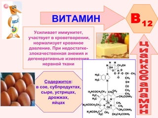 ВИТАМИН
Усиливает иммунитет,
участвует в кроветворении,
нормализует кровяное
давление. При недостаткезлокачественная анемия и
дегенеративные изменения
нервной ткани

Содержится:
в сое, субпродуктах,
сыре, устрицах,
дрожжах,
яйцах

B 12

 