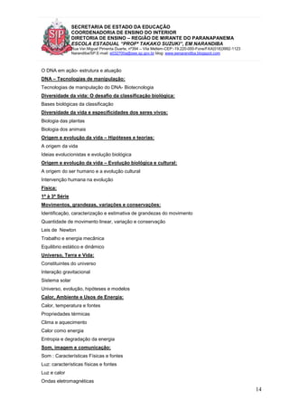 SECRETARIA DE ESTADO DA EDUCAÇÃO
COORDENADORIA DE ENSINO DO INTERIOR
DIRETORIA DE ENSINO – REGIÃO DE MIRANTE DO PARANAPANEMA
ESCOLA ESTADUAL “PROFª TAKAKO SUZUKI”, EM NARANDIBA
Rua Ver.Miguel Pimenta Duarte, nº394 – Vila Mellem-CEP:-19.220-000-Fone/FAX(018)3992-1123
Narandiba/SP.E-mail: e032700a@see.sp.gov.br blog: www.eenarandiba.blogspot.com
14
O DNA em ação- estrutura e atuação
DNA – Tecnologias de manipulação:
Tecnologias de manipulação do DNA- Biotecnologia
Diversidade da vida: O desafio da classificação biológica:
Bases biológicas da classificação
Diversidade da vida e especificidades dos seres vivos:
Biologia das plantas
Biologia dos animais
Origem e evolução da vida – Hipóteses e teorias:
A origem da vida
Ideias evolucionistas e evolução biológica
Origem e evolução da vida – Evolução biológica e cultural:
A origem do ser humano e a evolução cultural
Intervenção humana na evolução
Física:
1ª à 3ª Série
Movimentos, grandezas, variações e conservações:
Identificação, caracterização e estimativa de grandezas do movimento
Quantidade de movimento linear, variação e conservação
Leis de Newton
Trabalho e energia mecânica
Equilibrio estático e dinâmico
Universo, Terra e Vida:
Constituintes do universo
Interação gravitacional
Sistema solar
Universo, evolução, hipóteses e modelos
Calor, Ambiente e Usos de Energia:
Calor, temperatura e fontes
Propriedades térmicas
Clima e aquecimento
Calor como energia
Entropia e degradação da energia
Som, imagem e comunicação:
Som : Características Físicas e fontes
Luz: características físicas e fontes
Luz e calor
Ondas eletromagnéticas
 