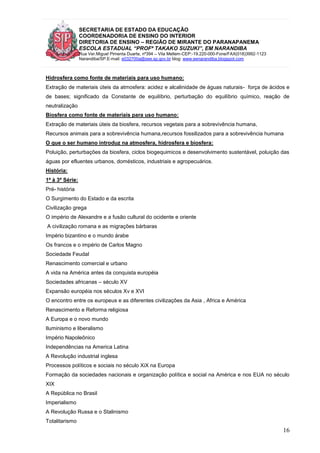 SECRETARIA DE ESTADO DA EDUCAÇÃO
COORDENADORIA DE ENSINO DO INTERIOR
DIRETORIA DE ENSINO – REGIÃO DE MIRANTE DO PARANAPANEMA
ESCOLA ESTADUAL “PROFª TAKAKO SUZUKI”, EM NARANDIBA
Rua Ver.Miguel Pimenta Duarte, nº394 – Vila Mellem-CEP:-19.220-000-Fone/FAX(018)3992-1123
Narandiba/SP.E-mail: e032700a@see.sp.gov.br blog: www.eenarandiba.blogspot.com
16
Hidrosfera como fonte de materiais para uso humano:
Extração de materiais úteis da atmosfera: acidez e alcalinidade de águas naturais- força de ácidos e
de bases; significado da Constante de equilíbrio, perturbação do equilíbrio químico, reação de
neutralização
Biosfera como fonte de materiais para uso humano:
Extração de materiais úteis da biosfera, recursos vegetais para a sobrevivência humana,
Recursos animais para a sobrevivência humana,recursos fossilizados para a sobrevivência humana
O que o ser humano introduz na atmosfera, hidrosfera e biosfera:
Poluição, perturbações da biosfera, ciclos biogequimicos e desenvolvimento sustentável, poluição das
águas por efluentes urbanos, domésticos, industriais e agropecuários.
História:
1ª à 3ª Série:
Pré- história
O Surgimento do Estado e da escrita
Civilização grega
O império de Alexandre e a fusão cultural do ocidente e oriente
A civilização romana e as migrações bárbaras
Império bizantino e o mundo árabe
Os francos e o império de Carlos Magno
Sociedade Feudal
Renascimento comercial e urbano
A vida na América antes da conquista européia
Sociedades africanas – século XV
Expansão européia nos séculos Xv e XVI
O encontro entre os europeus e as diferentes civilizações da Asia , Africa e América
Renascimento e Reforma religiosa
A Europa e o novo mundo
Iluminismo e liberalismo
Império Napoleônico
Independências na America Latina
A Revolução industrial inglesa
Processos políticos e sociais no século XiX na Europa
Formação da sociedades nacionais e organização política e social na América e nos EUA no século
XIX
A República no Brasil
Imperialismo
A Revolução Russa e o Stalinismo
Totalitarismo
 
