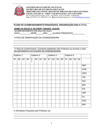 3
GOVERNO DO ESTADO DE SÃO PAULO
SECRETARIA DE ESTADO DA EDUCAÇÃO
DIRETORIA DE ENSINO REGIÃO DE MIRANTE DO PARANAPANEMA
ESCOLA ESTADUAL “PROFª TAKAKO SUZUKI”, EM NARANDIBA
Rua Ver.Miguel Pimenta Duarte, nº394 – Vila Mellem - CEP:-19.220-000 - Narandiba/SP.
Fone: (018) 3992-1123 / FAX:3992-1198 - Blog:eenarandiba.blogspot.com e-mail:e032700a@see.sp.gov.br
PLANO DE ACOMPANHAMENTO PEDAGÓGICO, ORGANIZAÇÃO DAS A.T.P.Cs
NOME DA ESCOLA: EE.PROFª.TAKAKO SUZUKI
ACOMPANHAMENTO EM SALA DE AULA
DATA:__________SÉRIE______ANO_____ALUNOS PRESENTES___________
1-FOCO DE OBSERVAÇÃO DA COORDENADORA:
_____________________________________________________________________
_____________________________________________________________________
_____________________________________________________________________
_____________________________________________________________________
2- Área do Conhecimento / Conteúdo trabalhado pelo Professor (a) durante a visita:
LEVANTAMENTO SITUAÇÕES DE APRENDIZAGEM
Caderno 1 Caderno 2 Caderno 3 Caderno 4
S1 S2 S3 S4 S
1
S2 S3 S4 S1 S2 S3 S4 S1 S2 S3 S4
MAT
POR
GEO
HIS
QUI
BIO
FIS
ART
FIL
SOC
ING
3- Atividades Propostas pelo Professor (a):
_____________________________________________________________________
_____________________________________________________________________
_____________________________________________________________________
 