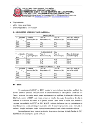 SECRETARIA DE ESTADO DA EDUCAÇÃO
COORDENADORIA DE ENSINO DO INTERIOR
DIRETORIA DE ENSINO – REGIÃO DE MIRANTE DO PARANAPANEMA
ESCOLA ESTADUAL “PROFª TAKAKO SUZUKI”, EM NARANDIBA
Rua Ver.Miguel Pimenta Duarte, nº394 – Vila Mellem-CEP:-19.220-000-Fone/FAX(018)3992-1123
Narandiba/SP.E-mail: e032700a@see.sp.gov.br blog: www.eenarandiba.blogspot.com
4
 06 impressoras;
 Vários mapas geográficos;
 01 antena parabólica com receptor;
4 – INDICADORES DE DESEMPENHO DA ESCOLA
ENSINO MÉDIO
Indicador
Ano
Taxa de
Aprovação (%)
Taxa de
Reprovação (%)
Taxa de
Abandono (%)
Taxa de Distorção
Idade/Série (%)
2008 81% 12% 07% 22%
2009 86% 09% 05% 27%
2010 85% 07% 08% 30%
ENSINO MÉDIO – EJA
Indicador
Ano
Taxa de
Aprovação (%)
Taxa de
Reprovação (%)
Taxa de
Abandono (%)
Taxa de Distorção
Idade/Série (%)
2008 50% 17% 33% 100%
2009 80% 07% 13% 100%
2010 75% 00% 25% 100%
ENSINO FUNDAMENTAL – EJA
Indicador
Ano
Taxa de
Aprovação (%)
Taxa de
Reprovação (%)
Taxa de
Abandono (%)
Taxa de Distorção
Idade/Série (%)
2008 67% 7% 26% 100%
2009 66% 7% 27% 100%
2010 70% 0% 30% 100%
4.1 – IDESP
Os resultados do SARESP de 2007, passa a ter como indicador que avalia a qualidade das
escolas estaduais paulistas o IDESP (Índice de Desenvolvimento da Educação do Estado de São
Paulo), e permite fixar metas anuais para o aprimoramento da qualidade da educação no Estado de
São Paulo. Assim, o IDESP e as metas norteiam o trabalho da equipe da escola na direção da
melhoria da qualidade de ensino e da gestão escolar. Desta forma a escola pode analisar e
comparar os resultados do IDESP de 2007 à 2010, no intuito de buscar avanços na qualidade da
aprendizagem de nossos alunos para que estes além de estarem preparados para o mercado de
trabalho, estejam preparados para o prosseguimento de estudos em nível superior de qualidade.
Segue abaixo portanto, o demonstrativo do desempenho de nossa Unidade Escolar de 2007
à 2010 tanto em desempenho quanto em fluxo.
 