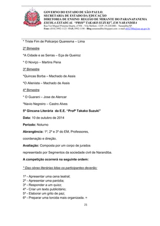21
GOVERNO DO ESTADO DE SÃO PAULO
SECRETARIA DE ESTADO DA EDUCAÇÃO
DIRETORIA DE ENSINO REGIÃO DE MIRANTE DO PARANAPANEMA
ESCOLA ESTADUAL “PROFª TAKAKO SUZUKI”, EM NARANDIBA
Rua Ver.Miguel Pimenta Duarte, nº394 – Vila Mellem - CEP:-19.220-000 - Narandiba/SP.
Fone: (018) 3992-1123 / FAX:3992-1198 - Blog:eenarandiba.blogspot.com e-mail:e032700a@see.sp.gov.br
* Triste Fim de Policarpo Quaresma – Lima
2º Bimestre
*A Cidade e as Serras – Eça de Queiroz
* O Noviço – Martins Pena
3º Bimestre
*Quincas Borba – Machado de Assis
*O Alienista – Machado de Assis
4º Bimestre
* O Guarani – Jose de Alencar
*Navio Negreiro – Castro Alves
5º Gincana Literária da E.E. “Profª Takako Suzuki”
Data: 10 de outubro de 2014
Período: Noturno
Abrangência: 1º, 2º e 3º do EM, Professores,
coordenação e direção.
Avaliação: Composta por um corpo de jurados
representado por Segmentos da sociedade civil de Narandiba.
A competição ocorrerá na seguinte ordem:
* Das obras literárias lidas os participantes deverão:
1º - Apresentar uma cena teatral;
2º - Apresentar uma paródia;
3º - Responder a um quizz;
4º - Criar um texto publicitário;
5º - Elaborar um grito de paz;
6º - Preparar uma torcida mais organizada. =
 