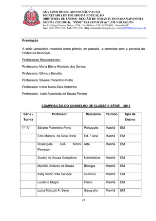 22
GOVERNO DO ESTADO DE SÃO PAULO
SECRETARIA DE ESTADO DA EDUCAÇÃO
DIRETORIA DE ENSINO REGIÃO DE MIRANTE DO PARANAPANEMA
ESCOLA ESTADUAL “PROFª TAKAKO SUZUKI”, EM NARANDIBA
Rua Ver.Miguel Pimenta Duarte, nº394 – Vila Mellem - CEP:-19.220-000 - Narandiba/SP.
Fone: (018) 3992-1123 / FAX:3992-1198 - Blog:eenarandiba.blogspot.com e-mail:e032700a@see.sp.gov.br
Premiação
A série vencedora receberá como prêmio um passeio a combinar com a parceria da
Prefeitura Municipal.
Professores Responsáveis:
Professora: Maria Elena Monteiro dos Santos
Professora: Gilmara Beraldo
Professora: Silvane Florentino Porto
Professora: Ivone Maria Silva Sobrinho
Professora : Ivani Aparecida de Souza Pereira
COMPOSIÇÃO DO CONSELHO DE CLASSE E SÉRIE – 2014
Série -
Turma
Professor Disciplina Período Tipo de
Ensino
1º “A” Silvane Florentino Porto Português Manhã EM
Edis Marcos da Silva Botta Ed. Física Manhã EM
Rosângela Celi Nitrini
Piovesan
Arte Manhã EM
Susley de Souza Gonçalves Matemática Manhã EM
Marcilio Antonio de Souza Biologia Manhã EM
Kelly Viotto Villa Sandes Quimica Manhã EM
Lucilene Magro Física Manhã EM
Lucia Manzoli A. Sena Geografia Manhã EM
 