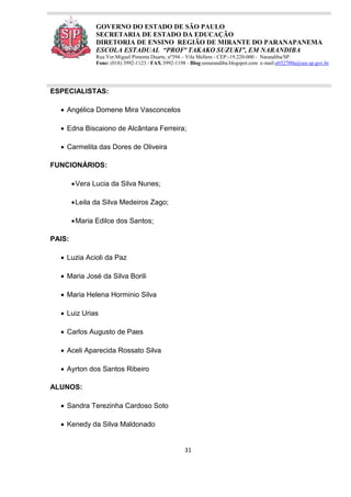 31
GOVERNO DO ESTADO DE SÃO PAULO
SECRETARIA DE ESTADO DA EDUCAÇÃO
DIRETORIA DE ENSINO REGIÃO DE MIRANTE DO PARANAPANEMA
ESCOLA ESTADUAL “PROFª TAKAKO SUZUKI”, EM NARANDIBA
Rua Ver.Miguel Pimenta Duarte, nº394 – Vila Mellem - CEP:-19.220-000 - Narandiba/SP.
Fone: (018) 3992-1123 / FAX:3992-1198 - Blog:eenarandiba.blogspot.com e-mail:e032700a@see.sp.gov.br
ESPECIALISTAS:
 Angélica Domene Mira Vasconcelos
 Edna Biscaiono de Alcântara Ferreira;
 Carmelita das Dores de Oliveira
FUNCIONÁRIOS:
Vera Lucia da Silva Nunes;
Leila da Silva Medeiros Zago;
Maria Edilce dos Santos;
PAIS:
 Luzia Acioli da Paz
 Maria José da Silva Borili
 Maria Helena Horminio Silva
 Luiz Urias
 Carlos Augusto de Paes
 Aceli Aparecida Rossato Silva
 Ayrton dos Santos Ribeiro
ALUNOS:
 Sandra Terezinha Cardoso Soto
 Kenedy da Silva Maldonado
 