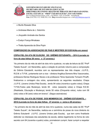 32
GOVERNO DO ESTADO DE SÃO PAULO
SECRETARIA DE ESTADO DA EDUCAÇÃO
DIRETORIA DE ENSINO REGIÃO DE MIRANTE DO PARANAPANEMA
ESCOLA ESTADUAL “PROFª TAKAKO SUZUKI”, EM NARANDIBA
Rua Ver.Miguel Pimenta Duarte, nº394 – Vila Mellem - CEP:-19.220-000 - Narandiba/SP.
Fone: (018) 3992-1123 / FAX:3992-1198 - Blog:eenarandiba.blogspot.com e-mail:e032700a@see.sp.gov.br
 Murilo Rossato Silva
 Andressa Maria de J. Sobrinho
 Jhoycellin Andrade dos Santos
 Evelyn França Minakaea
 Thalia Aparecida da Silva Popin
COMPOSIÇÃO DA ASSOCIAÇÃO DE PAIS E MESTRES 2013/2014(Ata em anexo)
CÓPIA FIEL DA ATA DE ELEIÇÃO DO GRÊMIO ESTUDANTIL – 2014 (Lavrada no
livro de atas folhas 26 verso e 27 anverso.)
“Ao primeiro dia do mês de abril de dois mil e quatorze, na sala de leitura da EE “Profª
Takako Suzuki”, em Narandiba, após a votação do período noturno para a composição
do Grêmio Estudantil, reunidos com os representantes das três chapas: J.U.P.E.,
R.E.M. e T.P.M., juntamente com a vice – diretora Angélica Domene Mira Vasconcelos,
professora Denise Rodrigues Neves e da professora Tânia Aparecida Tomazini Pinaffi,
finalizamos a contagem dos votos, apresentando os seguintes resultados: Chapa
J.U.P.E. (Jovens Unidos Pela Escola) , tendo 94 votos (noventa e quatro votos); Chapa
T.P.M.(Todos pela Mudança), tendo 60 votos (sessenta votos) e Chapa R.E.M.
(Realidade, Educação e Mudança), tendo 50 votos (Cinquenta votos), nulos com 08
(oito) votos e 06 (seis) votos em branco”. (Segue assinaturas)
CÓPIA FIEL DA ATA DE POSSE DOS MEMBROS DO GRÊMIO ESTUDANTIL –
2014 (Lavrada no livro de atas folhas 27 anverso e verso e 28 anverso.)
“ Ao primeiro dia do mês de abril de dois mil e quatorze, numa das salas da EE “Profª
Takako Suzuki”, de Narandiba, realizou-se a cerimônia de posse da nova diretoria do
Grêmio Estudantil J.U.P.E. (Jovens Unidos pela Escola), que tem como finalidade
defender os interesses dos estudantes da escola, eleitos legalmente na forma de voto
secreto com 94 (noventa e quatro) votos, prometeram cumprir, fazer cumprir e respeitar
 
