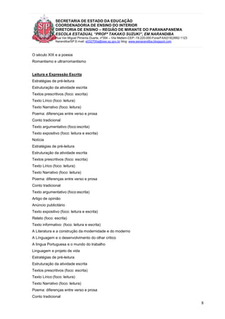 SECRETARIA DE ESTADO DA EDUCAÇÃO
COORDENADORIA DE ENSINO DO INTERIOR
DIRETORIA DE ENSINO – REGIÃO DE MIRANTE DO PARANAPANEMA
ESCOLA ESTADUAL “PROFª TAKAKO SUZUKI”, EM NARANDIBA
Rua Ver.Miguel Pimenta Duarte, nº394 – Vila Mellem-CEP:-19.220-000-Fone/FAX(018)3992-1123
Narandiba/SP.E-mail: e032700a@see.sp.gov.br blog: www.eenarandiba.blogspot.com
8
O século XIX e a poesia
Romantismo e ultrarromantismo
Leitura e Expressão Escrita
Estratégias de pré-leitura
Estruturação da atividade escrita
Textos prescritivos (foco: escrita)
Texto Lírico (foco: leitura)
Texto Narrativo (foco: leitura)
Poema: diferenças entre verso e prosa
Conto tradicional
Texto argumentativo (foco:escrita)
Texto expositivo (foco: leitura e escrita)
Notícia
Estratégias de pré-leitura
Estruturação da atividade escrita
Textos prescritivos (foco: escrita)
Texto Lírico (foco: leitura)
Texto Narrativo (foco: leitura)
Poema: diferenças entre verso e prosa
Conto tradicional
Texto argumentativo (foco:escrita)
Artigo de opinião
Anúncio publicitário
Texto expositivo (foco: leitura e escrita)
Relato (foco: escrita)
Texto informativo: (foco: leitura e escrita)
A Literatura e a construção da modernidade e do moderno
A Línguagem e o desenvolvimento do olhar critico
A língua Portuguesa e o mundo do trabalho
Linguagem e projeto de vida
Estratégias de pré-leitura
Estruturação da atividade escrita
Textos prescritivos (foco: escrita)
Texto Lírico (foco: leitura)
Texto Narrativo (foco: leitura)
Poema: diferenças entre verso e prosa
Conto tradicional
 
