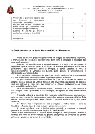 SECRETARIA DE ESTADO DA EDUCAÇÃO
DIRETORIA DE ENSINO – REGIÃO DE MIRANTE DO PARANAPANEMA
E.E. BAIRRO SANTA RITA DO PONTAL
E-MAIL e032300a@see.sp.gov.br
20
Preservação do patrimônio escolar (ações
que favorecem a conservação,
manutenção e a utilização);
X
Aplicação dos recursos financeiros da
escola (ações que contribuem para
transparência dos procedimentos);
X
Evidências dos aspectos que tornam a
escola eficaz (indicadores do SARESP); X
Organograma. X
5- Gestão de Serviços de Apoio, Recursos Físicos e Financeiros
Avalia os serviços prestados pela escola em relação ao atendimento ao público,
à manutenção do prédio, dos equipamentos bem como a utilização e aplicação dos
recursos financeiros.
Levando em consideração a descentralização e a autonomia da escola, é
importante que a decisão sobre a aquisição de material pedagógico (consumo e
permanente) seja consenso entre a Direção, o corpo Docente, a APM e
consequentemente, o Conselho de Escola, para garantir o funcionamento e
atendimento das necessidades.
Os professores e colegiados, juntos com a direção, decidem que tipo de material
é o mais adequado e necessário ao seu projeto pedagógico específico.
Os pais através de seus representantes na APM e no Conselho de Escola, os
próprios alunos, através do Grêmio, também são envolvidos no processo de decisão;
será um estímulo a mais para que preservem e utilizem criativamente os novos
recursos didáticos disponíveis.
Uma vez decididos os materiais a adquirir, a escola fixará no quadro de avisos
sua relação, como quantidade e especificação, divulgando-as para conhecimento
público.
A escola efetuará a aquisição dos materiais pedagógicos e/ou permanentes,
optando pela proposta de menor preço e que melhor atenda a suas necessidades. Esta
decisão será tomada junto com APM, constando em atas as decisões e justificativas
adotadas.
Os documentos comprobatórios das aquisições – notas fiscais – será ao
Relatório de Prestação de Contas exclusiva para esta finalidade.
A escola atentará para os limites entre material de consumo e material
permanente, também manutenção e limpeza do prédio escolar.
Todos os recursos enviados a Unidade serão planejados, acompanhados, avaliados
levando em conta as necessidades do projeto pedagógico os princípios da gestão
pública e a prestação de contas à comunidade.
 