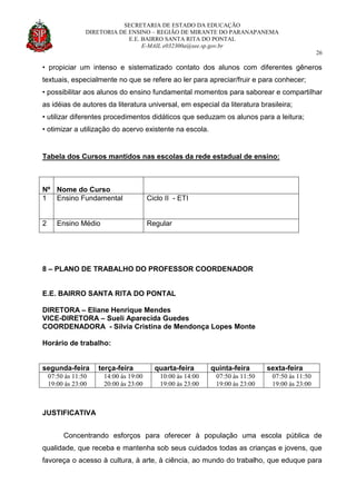 SECRETARIA DE ESTADO DA EDUCAÇÃO
DIRETORIA DE ENSINO – REGIÃO DE MIRANTE DO PARANAPANEMA
E.E. BAIRRO SANTA RITA DO PONTAL
E-MAIL e032300a@see.sp.gov.br
26
• propiciar um intenso e sistematizado contato dos alunos com diferentes gêneros
textuais, especialmente no que se refere ao ler para apreciar/fruir e para conhecer;
• possibilitar aos alunos do ensino fundamental momentos para saborear e compartilhar
as idéias de autores da literatura universal, em especial da literatura brasileira;
• utilizar diferentes procedimentos didáticos que seduzam os alunos para a leitura;
• otimizar a utilização do acervo existente na escola.
Tabela dos Cursos mantidos nas escolas da rede estadual de ensino:
Nº Nome do Curso
1 Ensino Fundamental Ciclo II - ETI
2 Ensino Médio Regular
8 – PLANO DE TRABALHO DO PROFESSOR COORDENADOR
E.E. BAIRRO SANTA RITA DO PONTAL
DIRETORA – Eliane Henrique Mendes
VICE-DIRETORA – Sueli Aparecida Guedes
COORDENADORA - Silvia Cristina de Mendonça Lopes Monte
Horário de trabalho:
segunda-feira terça-feira quarta-feira quinta-feira sexta-feira
07:50 às 11:50
19:00 às 23:00
14:00 às 19:00
20:00 às 23:00
10:00 às 14:00
19:00 às 23:00
07:50 às 11:50
19:00 às 23:00
07:50 às 11:50
19:00 às 23:00
JUSTIFICATIVA
Concentrando esforços para oferecer à população uma escola pública de
qualidade, que receba e mantenha sob seus cuidados todas as crianças e jovens, que
favoreça o acesso à cultura, à arte, à ciência, ao mundo do trabalho, que eduque para
 