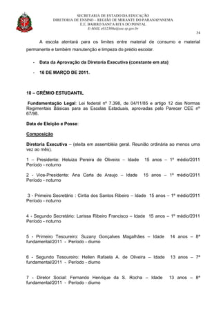 SECRETARIA DE ESTADO DA EDUCAÇÃO
DIRETORIA DE ENSINO – REGIÃO DE MIRANTE DO PARANAPANEMA
E.E. BAIRRO SANTA RITA DO PONTAL
E-MAIL e032300a@see.sp.gov.br
34
A escola atentará para os limites entre material de consumo e material
permanente e também manutenção e limpeza do prédio escolar.
- Data da Aprovação da Diretoria Executiva (constante em ata)
- 16 DE MARÇO DE 2011.
10 – GRÊMIO ESTUDANTIL
Fundamentação Legal: Lei federal nº 7.398, de 04/11/85 e artigo 12 das Normas
Regimentais Básicas para as Escolas Estaduais, aprovadas pelo Parecer CEE nº
67/98.
Data de Eleição e Posse:
Composição
Diretoria Executiva – (eleita em assembléia geral. Reunião ordinária ao menos uma
vez ao mês).
1 – Presidente: Heluiza Pereira de Oliveira – Idade 15 anos – 1º médio/2011
Período - noturno
2 - Vice-Presidente: Ana Carla de Araujo – Idade 15 anos – 1º médio/2011
Período - noturno
3 - Primeiro Secretário : Cintia dos Santos Ribeiro – Idade 15 anos – 1º médio/2011
Período - noturno
4 - Segundo Secretário: Larissa Ribeiro Francisco – Idade 15 anos – 1º médio/2011
Período - noturno
5 - Primeiro Tesoureiro: Suzany Gonçalves Magalhães – Idade 14 anos – 8ª
fundamental/2011 - Período - diurno
6 - Segundo Tesoureiro: Hellen Rafaela A. de Oliveira – Idade 13 anos – 7ª
fundamental/2011 - Período - diurno
7 - Diretor Social: Fernando Henrique da S. Rocha – Idade 13 anos – 8ª
fundamental/2011 - Período - diurno
 