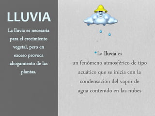 LLUVIA
•La lluvia es
un fenómeno atmosférico de tipo
acuático que se inicia con la
condensación del vapor de
agua contenido en las nubes
La lluvia es necesaria
para el crecimiento
vegetal, pero en
exceso provoca
ahogamiento de las
plantas.
 
