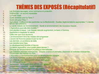 THÈMES DES EXPOSÉS (Récapitulatif)1. Les Animaux sauvages, entre commerce et protection
2. OGM et Bio : un accord impossible
3. La Forêt Vitale
4. Quels remèdes pour la Terre ?
5. Quels prix pour l'Eau ?
6. Agriculture : L'influence des pesticides sur la Biodiversité - Quelles réglementations appropriées ? L'abeille,
témoin des pollutions.
7. La santé malade de l'environnement : Santé et environnement, les nouveaux risques .
8. L'Agriculture peut-elle être durable ?
9. Une planète à risque : Les risques naturels augmentent, la faute à l’homme.
10. Apprendre à respecter la nature
11. Cette mer que nous épuisons
12. L'environnement dans les médias doit progresser
13. L'avenir de l'homme passe-t-il par la mer ?
14. Les déchets, un problème de taille
15. Les batailles pour l'eau
16. Le développement durable à l'œuvre
17. La nature aujourd'hui, pour quelle place demain ?
18. Éthiques de l'environnement et politique internationale
19. Les maladies animales émergentes : Grippes aviaires et animales, Zoonoses et maladies émergentes,
Chrysomèle des racines du maïs, …
20. L’Education à l’environnement pour un développement durable
21. Les Zones humides: un atout pour la santé humaine
22. Les pôles au cœur de la problématique écologique
23. Air intérieur et santé
24. Sécheresse : la désertification est-elle une fatalité ?
25. La population mondiale : quelle évolution ?
26. Inondations : comment maîtriser les risques ?
27. Le Plomb : quoi de neuf dans la lutte contre le saturnisme ?
 