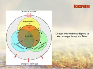 De tous ces éléments dépend la
vie des organismes sur Terre
ÉCOSPHÈRE
 