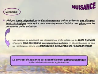 désignedésigne toute dégradationtoute dégradation dede l’environnementl’environnement qui ne présentequi ne présente pas d’impactpas d’impact
éécotoxicologiquecotoxicologique mais qui a pour conséquence d’induire unemais qui a pour conséquence d’induire une gênegêne pour lespour les
personnes qui la subissentpersonnes qui la subissent
Les nuisances ne provoquent pas nécessairement d’effet néfaste sur la santé humainesanté humaine
et/ou sur le plan écologiqueplan écologique contrairement aux pollutionscontrairement aux pollutions => elles sont perçues par ceux
qui y sont exposés comme une modification défavorable de l’environnementmodification défavorable de l’environnement
Définition :
Le concept de nuisance est essentiellementLe concept de nuisance est essentiellement anthropocentriqueanthropocentrique
(milieu urbain et environs des agglomérations)(milieu urbain et environs des agglomérations)
 