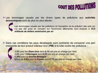 Les dommages causLes dommages causéés par les divers types de pollutions auxs par les divers types de pollutions aux activitésactivités
économiqueséconomiques sont de plus en plus élevés :sont de plus en plus élevés :
Les dommages causLes dommages causéés par les pollutions (s par les pollutions (àà l’exception de la pollution des sols quil’exception de la pollution des sols qui
n’a pas été prise en compte) sur l’économie allemande sont évalun’a pas été prise en compte) sur l’économie allemande sont évaluééss àà 33,933,9
milliards de dollars américains par anmilliards de dollars américains par an
Dans ces conditions les pays développDans ces conditions les pays développéés sont contraints de consacrer une parts sont contraints de consacrer une part
croissante de leur produit intérieur brut (croissante de leur produit intérieur brut (PIBPIB)) àà la lutte contre les pollutions :la lutte contre les pollutions :
1,5%1,5% pour lespour les Etats-UnisEtats-Unis dontdont 0,1%0,1% est pris en charge par l’étatest pris en charge par l’état
1,5%1,5% pour l’pour l’AllemagneAllemagne dontdont 0,3%0,3% est pris en charge par l’étatest pris en charge par l’état
1,25%1,25% pour lapour la Grande-BretagneGrande-Bretagne
Moins deMoins de 0,9%0,9% pour lapour la FranceFrance dontdont 0,7%0,7% est pris en charge par l’etatest pris en charge par l’etat
 