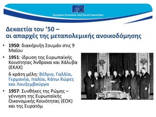 Δεκαετία του ’50 –
οι απαρχές της μεταπολεμικής ανοικοδόμησης
• 1950: διακήρυξη Σουμάν στις 9
Μαΐου
• 1951: ίδρυση της Ευρωπαϊκής
Κοινότητας Άνθρακα και Χάλυβα
(ΕΚΑΧ)
6 κράτη μέλη: Βέλγιο, Γαλλία,
Γερμανία, Ιταλία, Κάτω Χώρες
και Λουξεμβούργο
• 1957: Συνθήκες της Ρώμης –
γέννηση της Ευρωπαϊκής
Οικονομικής Κοινότητας (ΕΟΚ)
και της Ευρατόμ
 