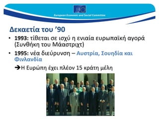 Δεκαετία του ’90
• 1993: τίθεται σε ισχύ η ενιαία ευρωπαϊκή αγορά
(Συνθήκη του Μάαστριχτ)
• 1995: νέα διεύρυνση – Αυστρία, Σουηδία και
Φινλανδία
Η Ευρώπη έχει πλέον 15 κράτη μέλη
 
