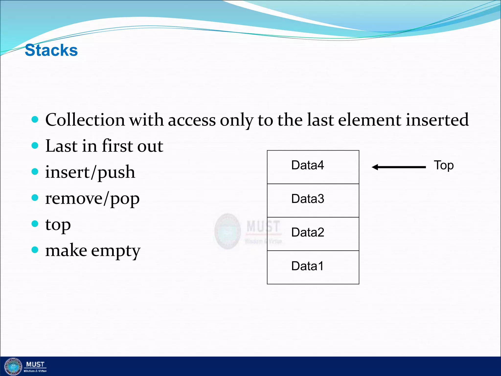 Stacks
 Collection with access only to the last element inserted
 Last in first out
 insert/push
 remove/pop
 top
 make empty
Top
Data4
Data3
Data2
Data1
 