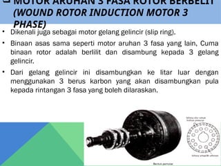  MOTOR ARUHAN 3 FASA ROTOR BERBELIT
(WOUND ROTOR INDUCTION MOTOR 3
PHASE)
• Dikenali juga sebagai motor gelang gelincir (slip ring).
• Binaan asas sama seperti motor aruhan 3 fasa yang lain, Cuma
binaan rotor adalah berlilit dan disambung kepada 3 gelang
gelincir.
• Dari gelang gelincir ini disambungkan ke litar luar dengan
menggunakan 3 berus karbon yang akan disambungkan pula
kepada rintangan 3 fasa yang boleh dilaraskan.
 