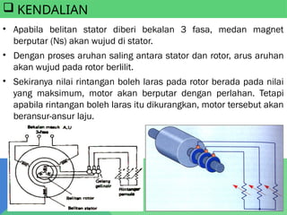  KENDALIAN
• Apabila belitan stator diberi bekalan 3 fasa, medan magnet
berputar (Ns) akan wujud di stator.
• Dengan proses aruhan saling antara stator dan rotor, arus aruhan
akan wujud pada rotor berlilit.
• Sekiranya nilai rintangan boleh laras pada rotor berada pada nilai
yang maksimum, motor akan berputar dengan perlahan. Tetapi
apabila rintangan boleh laras itu dikurangkan, motor tersebut akan
beransur-ansur laju.
 