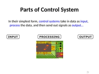 Parts of Control System
In their simplest form, control systems take in data as input,
process the data, and then send out signals as output…
21
 