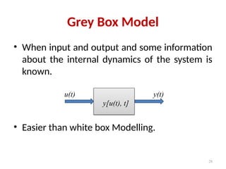 Grey Box Model
• When input and output and some information
about the internal dynamics of the system is
known.
• Easier than white box Modelling.
28
u(t) y(t)
y[u(t), t]
 
