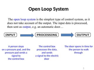 A person steps
on a pressure pad, and the
pressure pad sends a
signal to
the control box
The control box
processes the data,
and sends
a signal to the electric
door
The door opens in time for
the person to walk
through
Open Loop System
The open loop system is the simplest type of control system, as it
does not take account of the output. The input data is processed,
then sent as output, e.g. an automatic door…
3
 