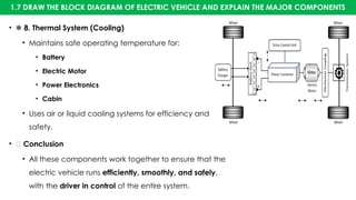 1.7 DRAW THE BLOCK DIAGRAM OF ELECTRIC VEHICLE AND EXPLAIN THE MAJOR COMPONENTS
• ❄️8. Thermal System (Cooling)
• Maintains safe operating temperature for:
• Battery
• Electric Motor
• Power Electronics
• Cabin
• Uses air or liquid cooling systems for efficiency and
safety.
• ✅ Conclusion
• All these components work together to ensure that the
electric vehicle runs efficiently, smoothly, and safely,
with the driver in control of the entire system.
 