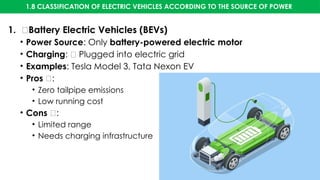 1.8 CLASSIFICATION OF ELECTRIC VEHICLES ACCORDING TO THE SOURCE OF POWER
1. 🔋Battery Electric Vehicles (BEVs)
• Power Source: Only battery-powered electric motor
• Charging: 🔌 Plugged into electric grid
• Examples: Tesla Model 3, Tata Nexon EV
• Pros ✅:
• Zero tailpipe emissions
• Low running cost
• Cons ❌:
• Limited range
• Needs charging infrastructure
 