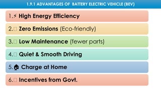 1.9.1 ADVANTAGES OF BATTERY ELECTRIC VEHICLE (BEV)
1.⚡ High Energy Efficiency
2.🌱 Zero Emissions (Eco-friendly)
3.🔧 Low Maintenance (fewer parts)
4.🤫 Quiet & Smooth Driving
5.🏠 Charge at Home
6.💸 Incentives from Govt.
 