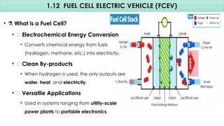 1.12 FUEL CELL ELECTRIC VEHICLE (FCEV)
• ⚗️What is a Fuel Cell?
• 🧪 Electrochemical Energy Conversion
• Converts chemical energy from fuels
(hydrogen, methane, etc.) into electricity.
• 🌊 Clean By-products
• When hydrogen is used, the only outputs are
water, heat, and electricity.
• 🔄 Versatile Applications
• Used in systems ranging from utility-scale
power plants to portable electronics.
 
