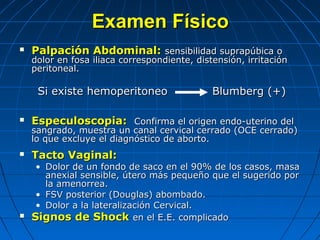 Examen FísicoExamen Físico
 Palpación Abdominal:Palpación Abdominal: sensibilidad suprapúbica osensibilidad suprapúbica o
dolor en fosa iliaca correspondiente, distensión, irritacióndolor en fosa iliaca correspondiente, distensión, irritación
peritoneal.peritoneal.
Si existe hemoperitoneo Blumberg (+)Si existe hemoperitoneo Blumberg (+)
 Especuloscopia:Especuloscopia: Confirma el origen endo-uterino delConfirma el origen endo-uterino del
sangrado, muestra un canal cervical cerrado (OCE cerrado)sangrado, muestra un canal cervical cerrado (OCE cerrado)
lo que excluye el diagnóstico de aborto.lo que excluye el diagnóstico de aborto.
 Tacto Vaginal:Tacto Vaginal:
• Dolor de un fondo de saco en el 90% de los casos, masaDolor de un fondo de saco en el 90% de los casos, masa
anexial sensible, útero más pequeño que el sugerido poranexial sensible, útero más pequeño que el sugerido por
la amenorrea.la amenorrea.
• FSV posterior (Douglas) abombado.FSV posterior (Douglas) abombado.
• Dolor a la lateralización Cervical.Dolor a la lateralización Cervical.
 Signos de ShockSignos de Shock en el E.E. complicadoen el E.E. complicado
 