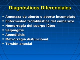 Diagnósticos DiferencialesDiagnósticos Diferenciales
 Amenaza de aborto o aborto incompletoAmenaza de aborto o aborto incompleto
 Enfermedad trofoblástica del embarazoEnfermedad trofoblástica del embarazo
 Hemorragia del cuerpo lúteoHemorragia del cuerpo lúteo
 SalpingitisSalpingitis
 ApendicitisApendicitis
 Metrorragia disfuncionalMetrorragia disfuncional
 Torsión anexialTorsión anexial
 