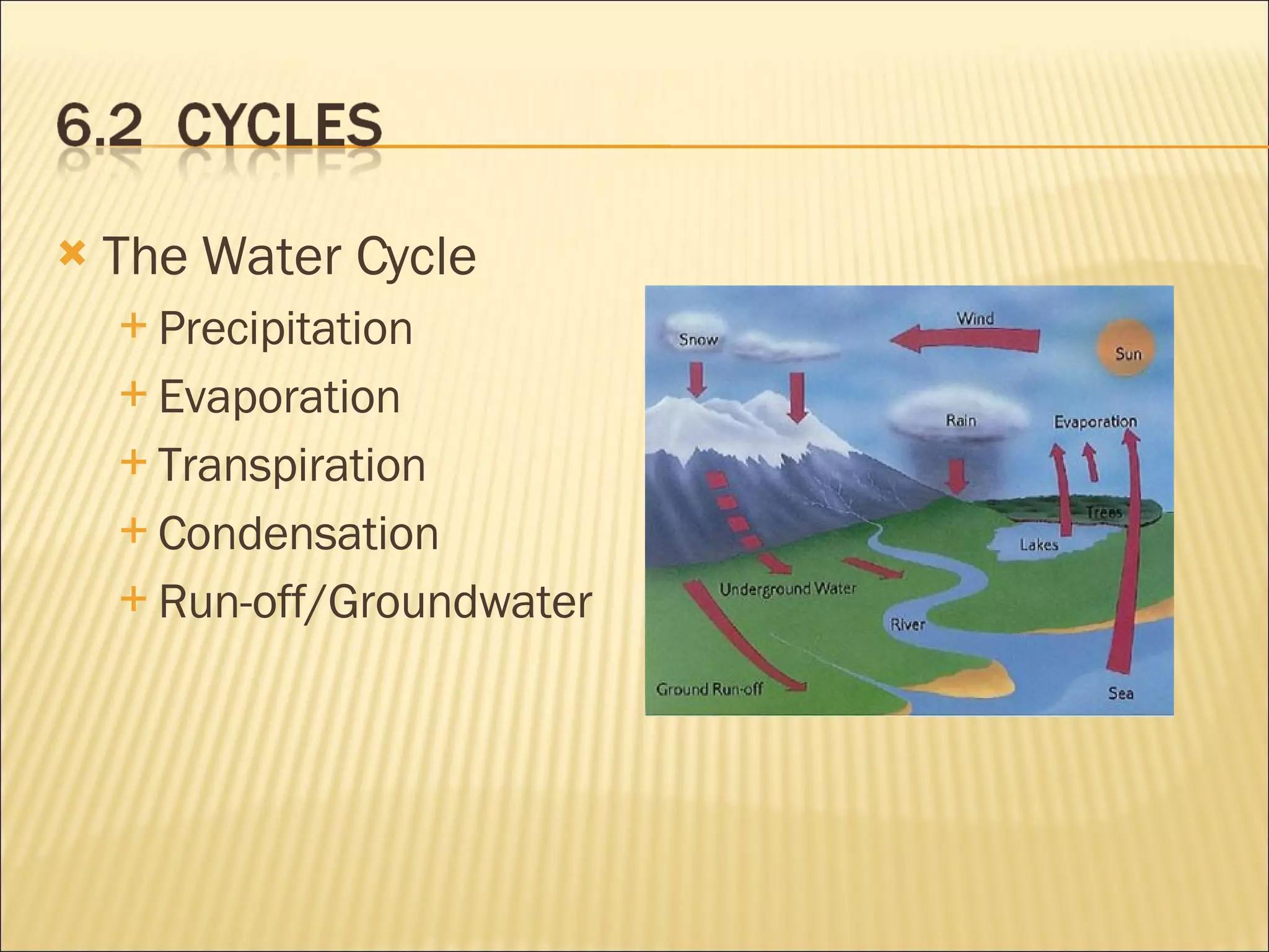 The Water Cycle Precipitation Evaporation Transpiration Condensation Run-off/Groundwater 
