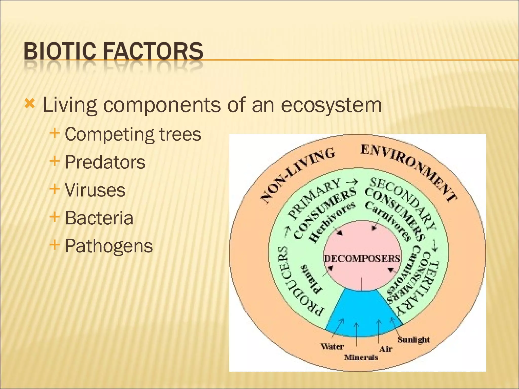 Living components of an ecosystem Competing trees Predators Viruses Bacteria Pathogens 