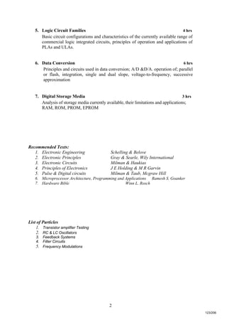 2
5. Logic Circuit Families 4 hrs
Basic circuit configurations and characteristics of the currently available range of
commercial logic integrated circuits, principles of operation and applications of
PLAs and ULAs.
6. Data Conversion 6 hrs
Principles and circuits used in data conversion; A/D &D/A. operation of; parallel
or flash, integration, single and dual slope, voltage-to-frequency, successive
approximation
7. Digital Storage Media 3 hrs
Analysis of storage media currently available, their limitations and applications;
RAM, ROM, PROM, EPROM
Recommended Texts:
1. Electronic Engineering Schelling & Belove
2. Electronic Principles Gray & Searle, Wily International
3. Electronic Circuits Milman & Haukias
4. Principles of Electronics J E Holding & M R Garvin
5. Pulse & Digital circuits Milman & Taub, Mcgraw Hill
6. Microprocessor Architecture, Programming and Applications Ramesh S. Goanker
7. Hardware Bible Winn L. Rosch
List of Particles
1. Transistor amplifier Testing
2. RC & LC Oscillators
3. Feedback Systems
4. Filter Circuits
5. Frequency Modulations
123/206
 